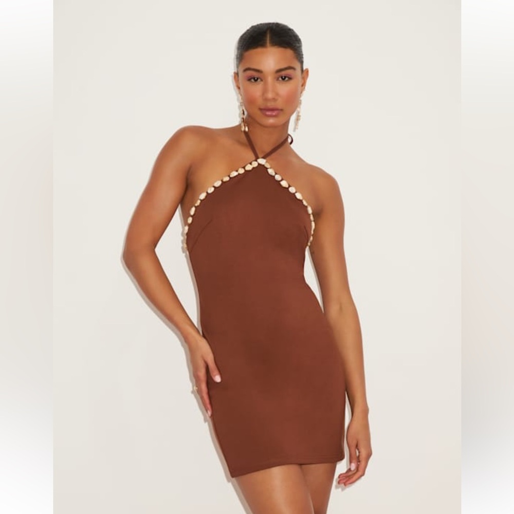 Brown Shell Halter Mini Dress
